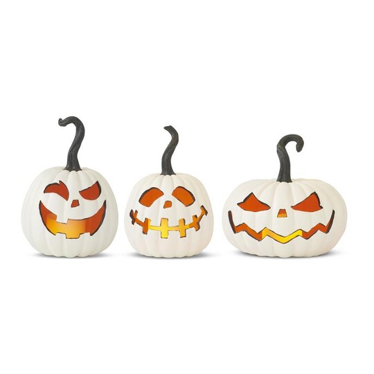 RC Home Decor; Set of 3 LED Lighted White Jack-O'-Lantern Pumpkins with Timers | Halloween Tabletop Décor; Category:Christmas Figurines; Image:1